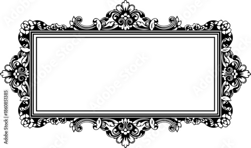 Richly Ornate Baroque Floral Frame with Heavy Black Decorative Carvings and Elegant Foliage Border for Luxury Stationery or Art