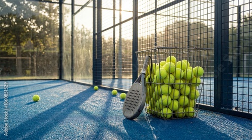 Padel tennis court with many balls and racket at sunset.