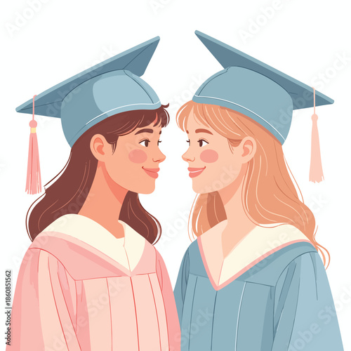 Two female graduates in caps and gowns smiling at each other on a white background