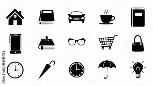 Collection of various everyday objects and essential items in silhouette.