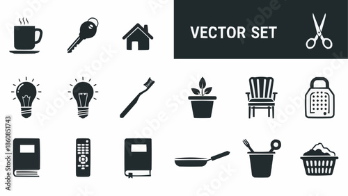Collection of various everyday objects and household items in silhouette.