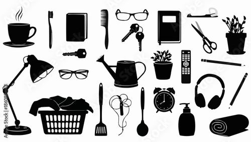 Collection of various everyday objects and household items silhouettes.