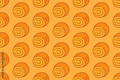 swiss roll cake colorful doodle seamless pattern on yellow background set for dessert. rolled sponge cake cartoon pattern background for pastry. cream roll pastry isolated illustration motif for cafes