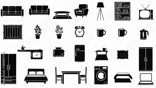 Collection of various furniture and home appliances silhouettes on white background.