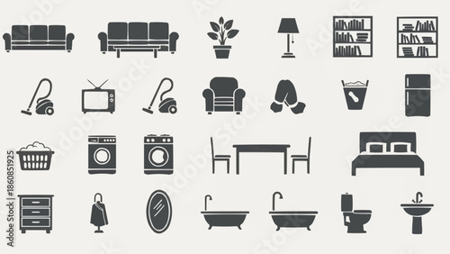 Collection of various household items and furniture silhouettes.