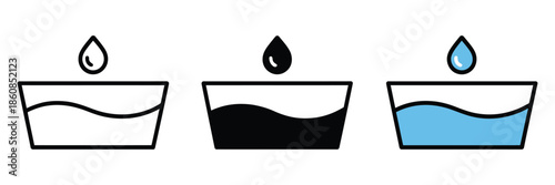 Water bowl icon featuring a shallow dish filled with water, representing pet care, animal hydration, and suitable for veterinary, pet products, and digital design