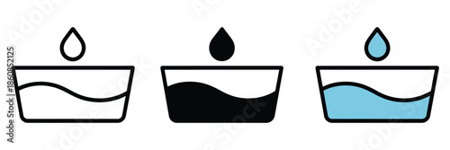 Water bowl icon, typically shown as a shallow dish filled with water, symbolizing pet care, animal hydration, and vector illustration