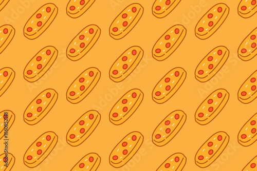 meat sandwich colorful doodle seamless pattern on yellow background set for street food. sausage bun cartoon pattern background for restaurant. topped hotdog isolated illustration motif for cafes