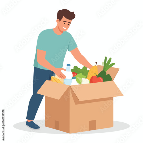 A man unpacking a box full of fresh produce and bottled water