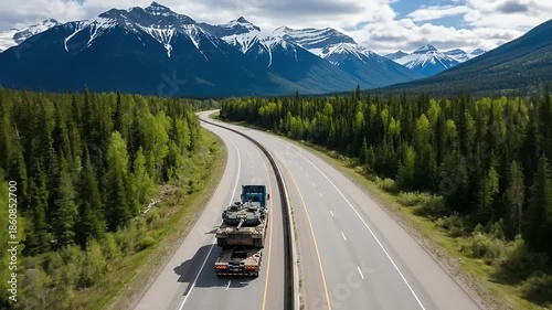 Truck Hauling Tanks on Mountain Highway Surrounded by Lush Green Forest