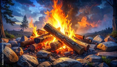 Vibrant Bonfire at Dusk with Dramatic Clouds