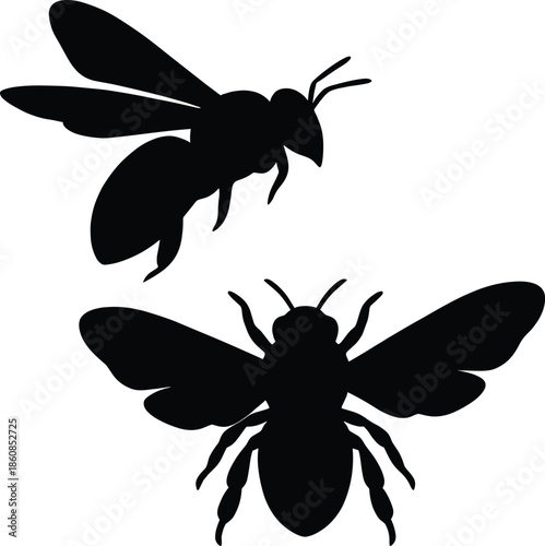 Bee silhouette illustration set, flying honeybee insect shapes, nature pollination concept, black vector icons isolated on white background design