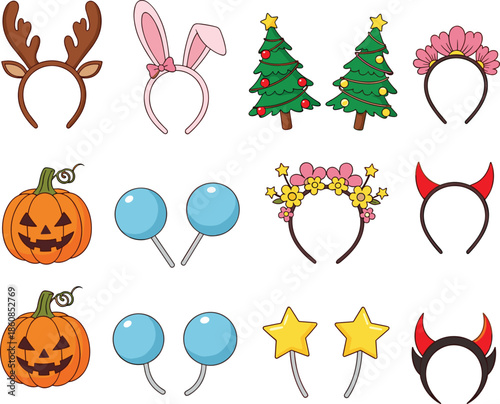 Reindeer, Bunny Ears, Devil Horns, and Halloween Pumpkin Vector Illustration.