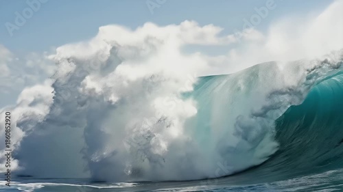 Turquoise Ocean Barrel Wave Crashing with White Spray and Blue Sky Footage
