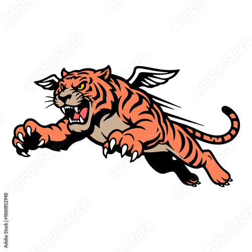 Fierce winged tiger in mid stride with open mouth