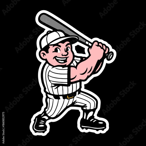 Cartoon baseball player swinging bat with big smile