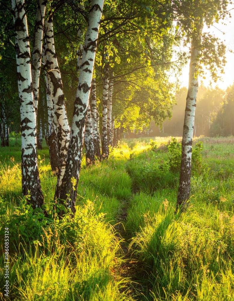 Obraz premium Sunlight streams through birch trees, a grassy path leads