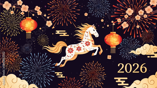 Chinese New Year 2026 Banner with Galloping White Floral Horse, Fireworks, Lanterns, and Plum Blossoms Night Background Vector