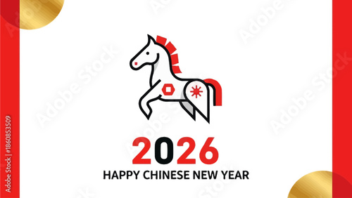 Modern Minimalist Geometric Horse Logo for Chinese New Year 2026, Creative Line Art Zodiac Animal Vector Banner