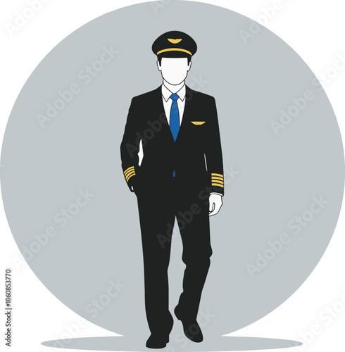 Professional Airline Pilot Character in Black Uniform with Captain Hat Walking Forward Flat Vector Illustration Isolated on Gray Circle Background