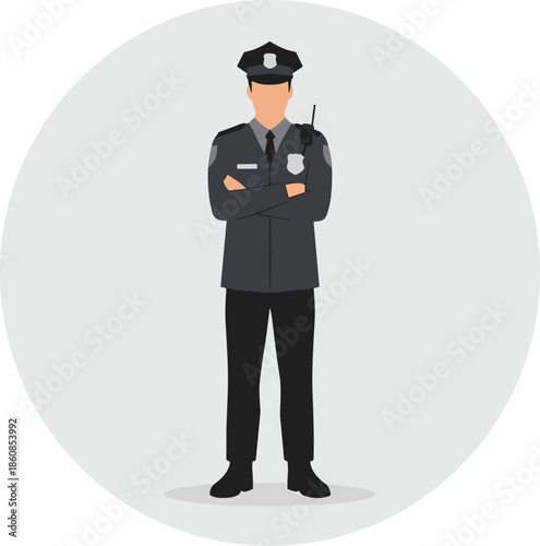 Professional Security Guard Standing with Arms Crossed Wearing Dark Uniform and Cap Flat Vector Illustration Isolated on Gray Circle Background