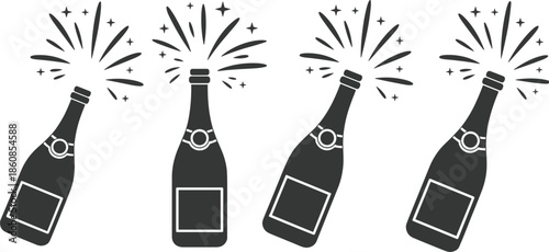 Four black silhouette champagne bottles with exploding corks and sparkling stars on a white background
