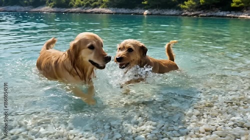 Two Happy Dogs Swimming Joyfully in Crystal Clear Blue Ocean Water