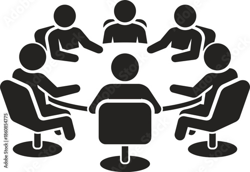 Group of people sitting around a round table in a meeting discussion collaboration