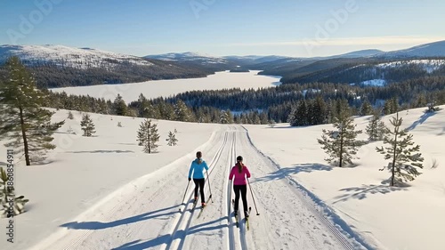 Two Skiers Cross Country Skiing on Snowy Path with Winter Forest and Lake Background