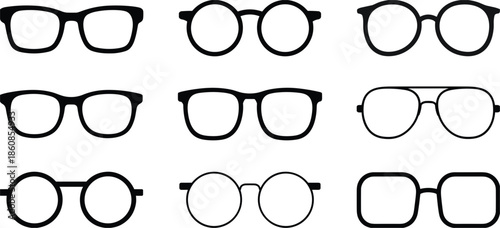 Nine black silhouette eyeglasses and sunglasses icons arranged in a grid on white eyewear spectacles