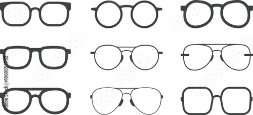 Nine Different Styles of Eyeglasses and Spectacles Icons On White Background Keywords: glasses, eyeglasses, spectacles, eyewear