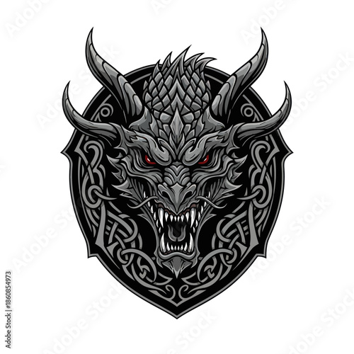 Intricate Dragon Head Illustration with Celtic Knotwork Shield Design.