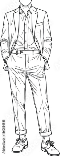 Detailed line drawing of a stylish man in a casual suit standing with hands in his pockets.