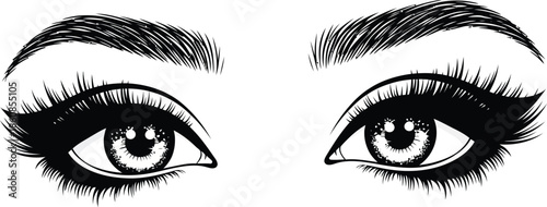 Elegant handdrawn female eyes with voluminous eyelashes thick eyebrows and dramatic eyeliner.