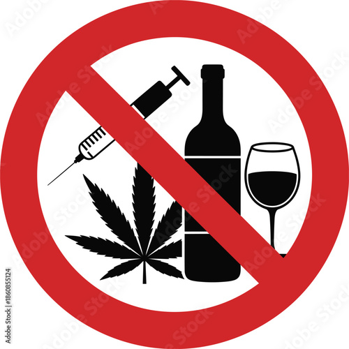 Prohibition Sign Showing No Drugs Alcohol or Marijuana Icons no alcohol no marijuana