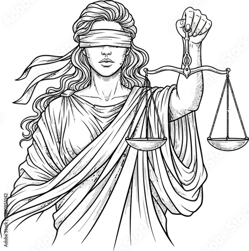 Elegant line art illustration of the blindfolded goddess Lady Justice holding the scales of law.
