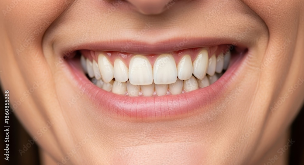 Fototapeta premium Woman smiling with perfect white teeth and healthy gums for dental hygiene and cosmetic dentistry concept. Facial expression showcasing happiness and oral health.