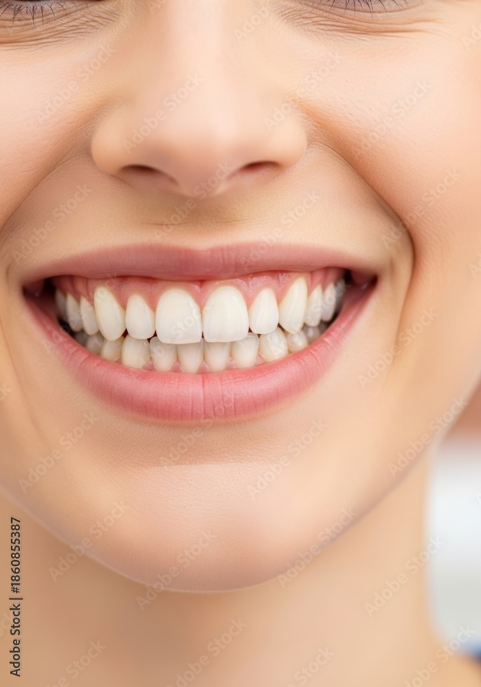 Fototapeta premium Close up of a woman showing her perfect white teeth while smiling. Beautiful healthy dental smile for oral hygiene and dentistry advertisement.