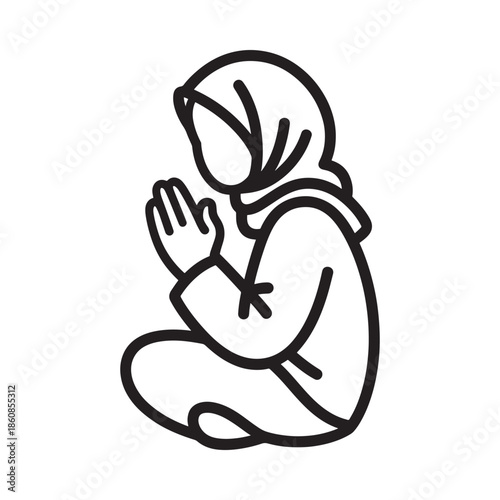 A simple line drawing of a person in a hijab praying or meditating