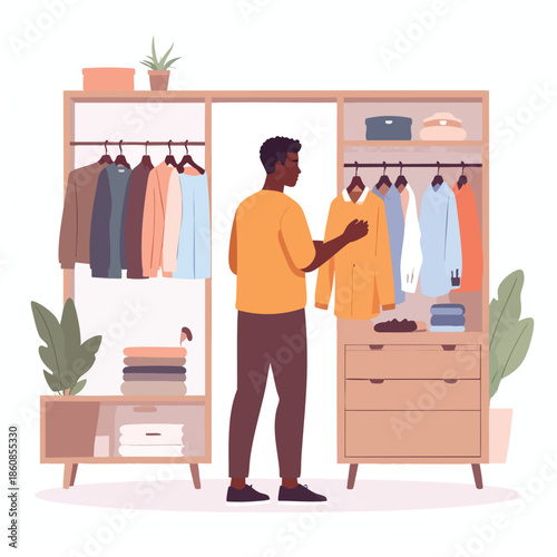 Man standing in front of an open wardrobe choosing clothes in a well-lit dressing room