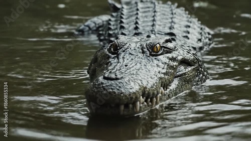 Close-up of a fearsome alligator in murky water, ready to strike and hunt.