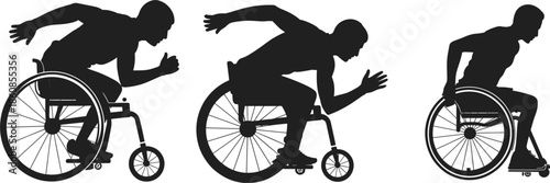 Silhouettes of three wheelchair athletes in motion during a race racing running