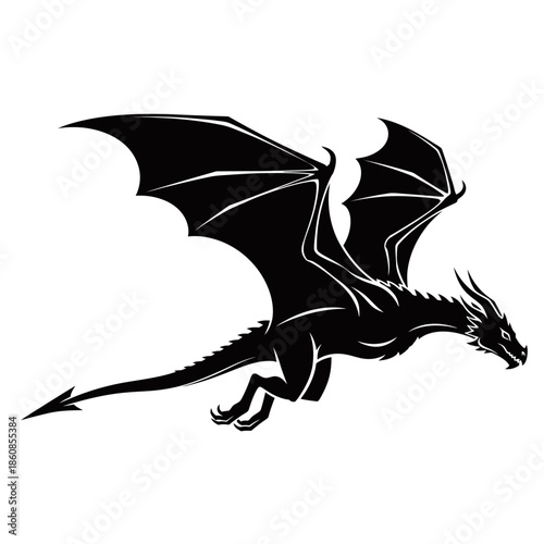 Majestic black dragon with large wings soaring through the air, depicted as a powerful mythical creature.