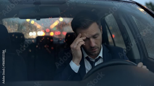 Frustrated Businessman Driving Car at Night in Rain, Overwhelmed by Stress