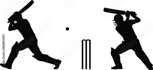 Cricket batsman silhouettes playing shot and defense with ball and stumps, competitive sports action illustration isolated on white background vector