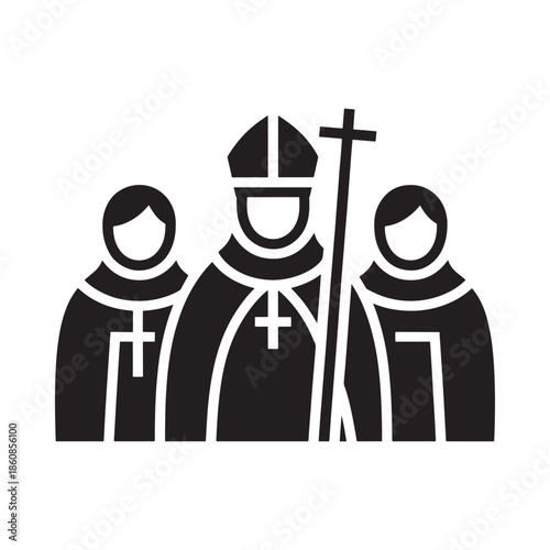 Simple black silhouette illustration of three religious figures with crosses