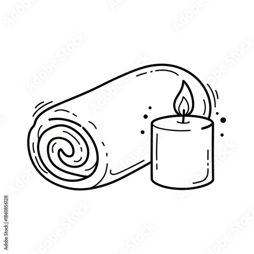 Relaxation and Wellness Rolled Towel and Lit Candle Illustration.