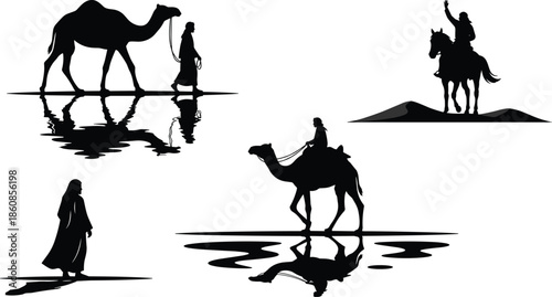 Desert traveler and camel silhouettes with reflections Arabian journey black vector illustration isolated on white background culture travel nature concept