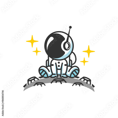 Cute baby astronaut sitting on moon surface in space vector illustration