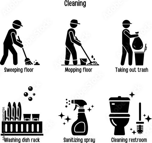 Cleaning Service and Janitorial Tasks Vector Icon Set